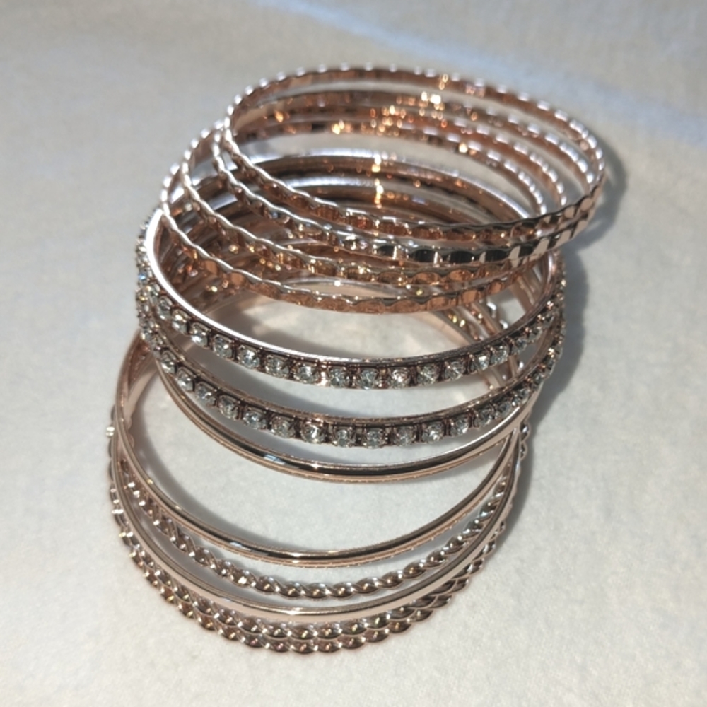 NEW SET - 12 BRACELETS. Gold Tone, White Crystals, Variety Of Style Options
